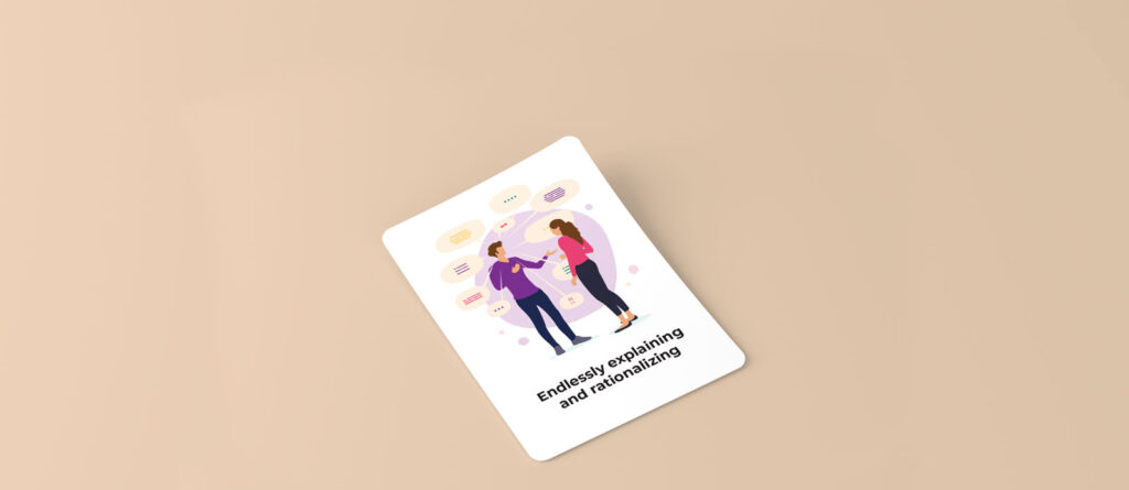 Playing card with an illustration of a man with a purple shirt with a lot of speech bubbles talking to a woman in magenta shirt