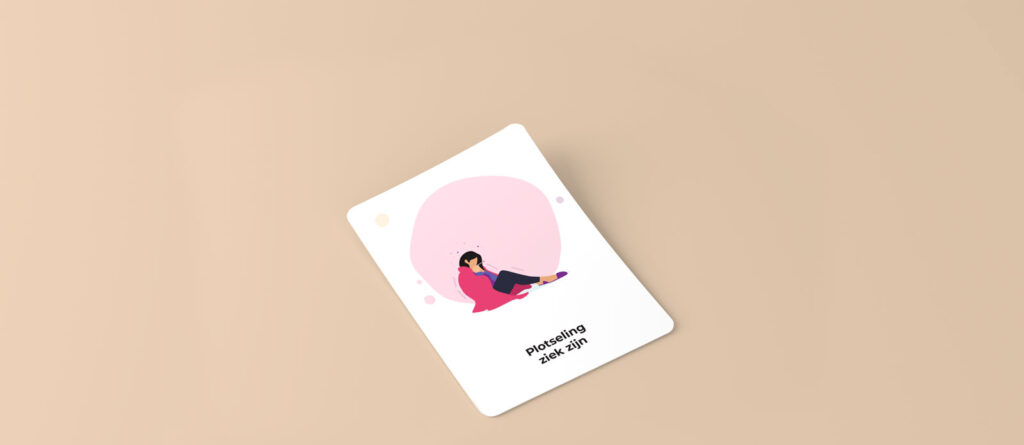 Rendering of a playing card with an illustration of a girl with a magenta blanket who feels ill