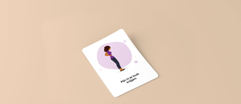 Perspective rendering of a playing card with an illustration of a girl with a purple shirt and curly hair who is holding her belly